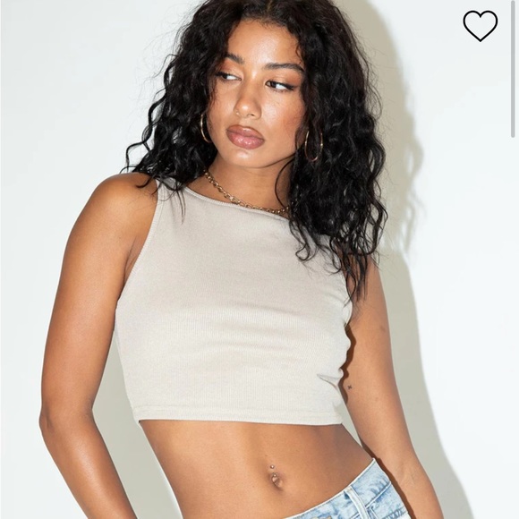 Princess Polly Beige Tan High Neck Darlington crop top ribbed slim fit tank top - Picture 5 of 7